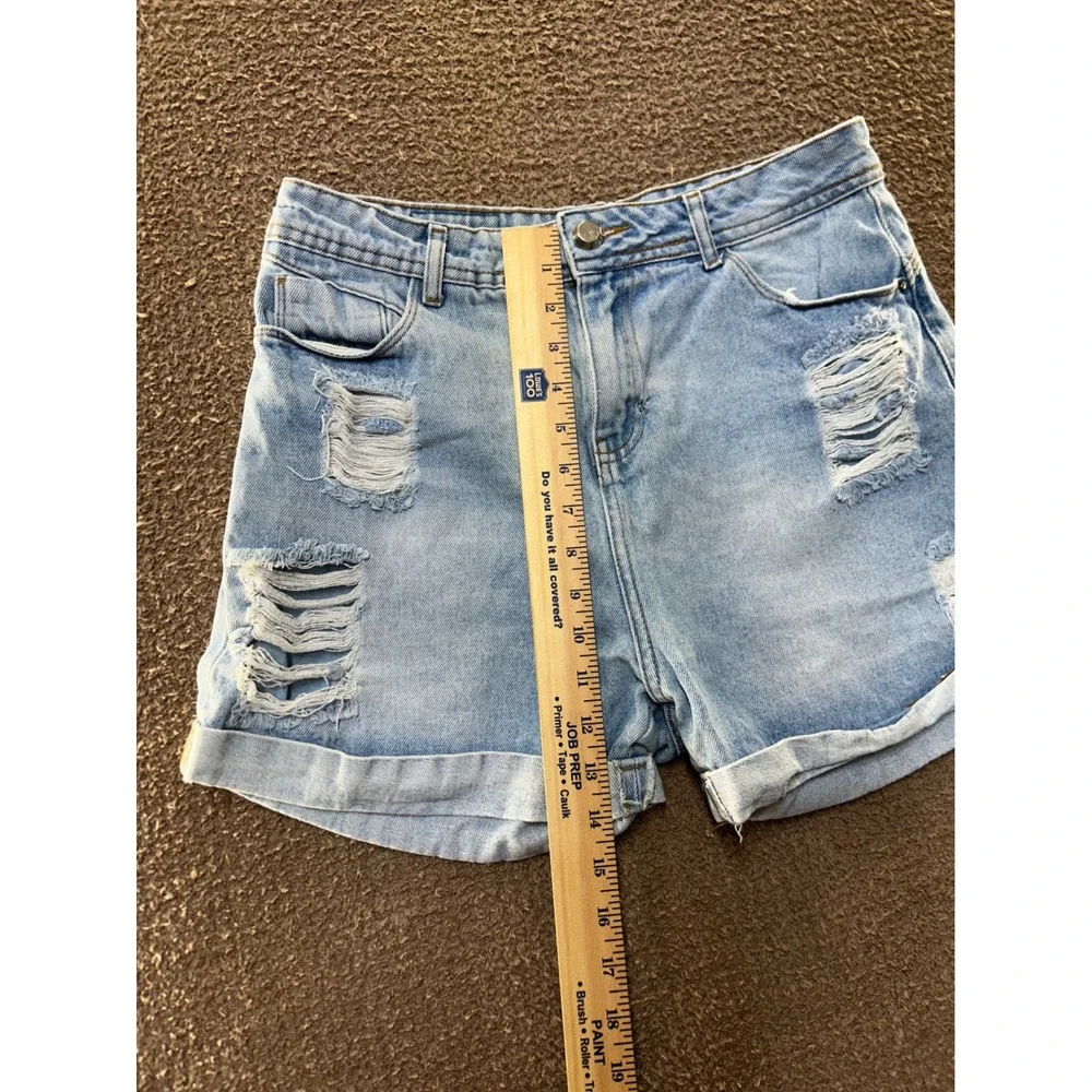 Jezzian Light Wash Distressed High Waisted Denim Jean Shorts Cuffed Hem Women
